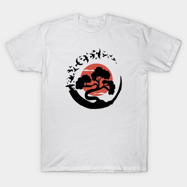 Bonsai Tree in Enso Circle Birds T-Shirt by mstory